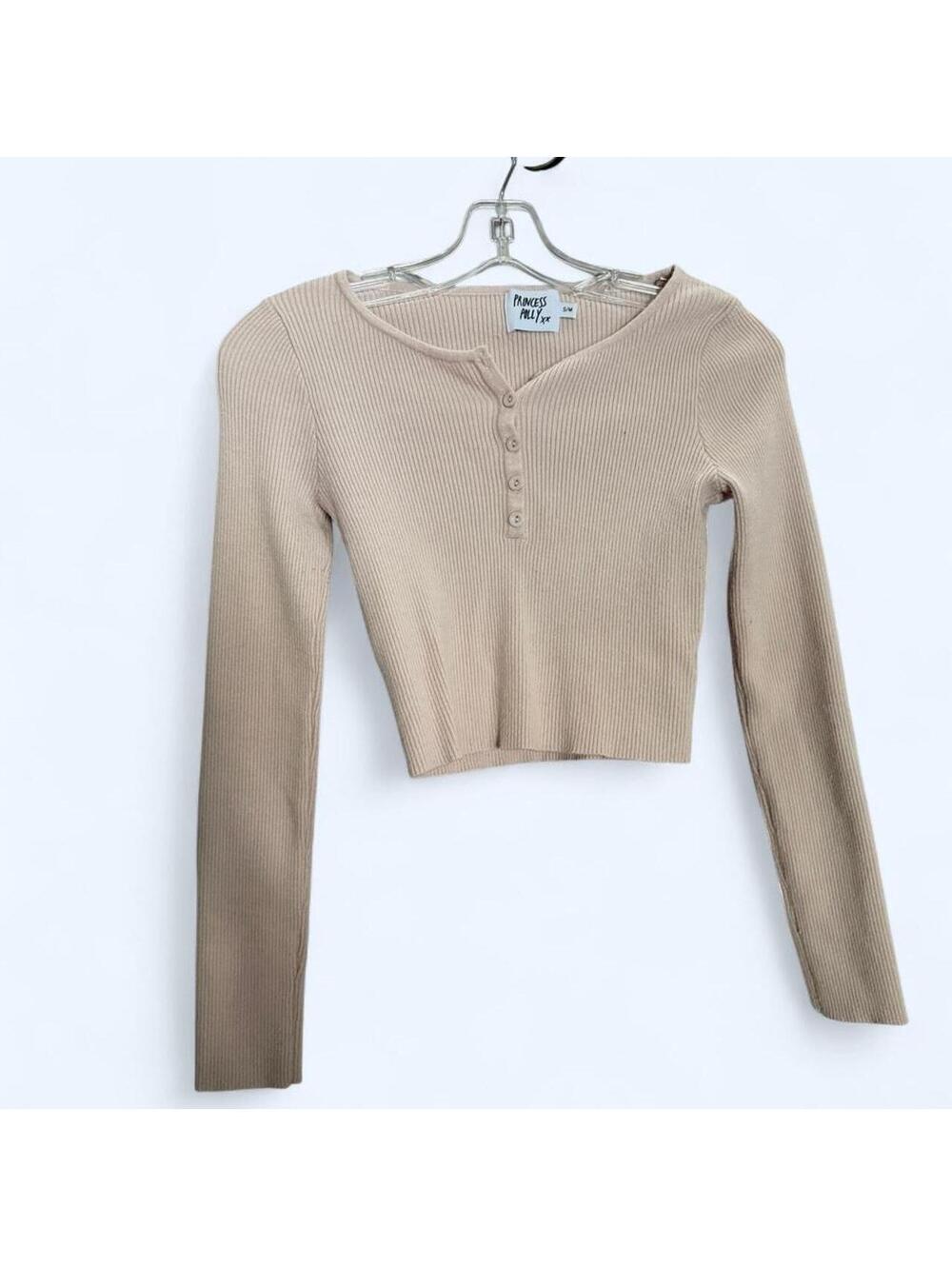 Tan long sleeve button up crop top